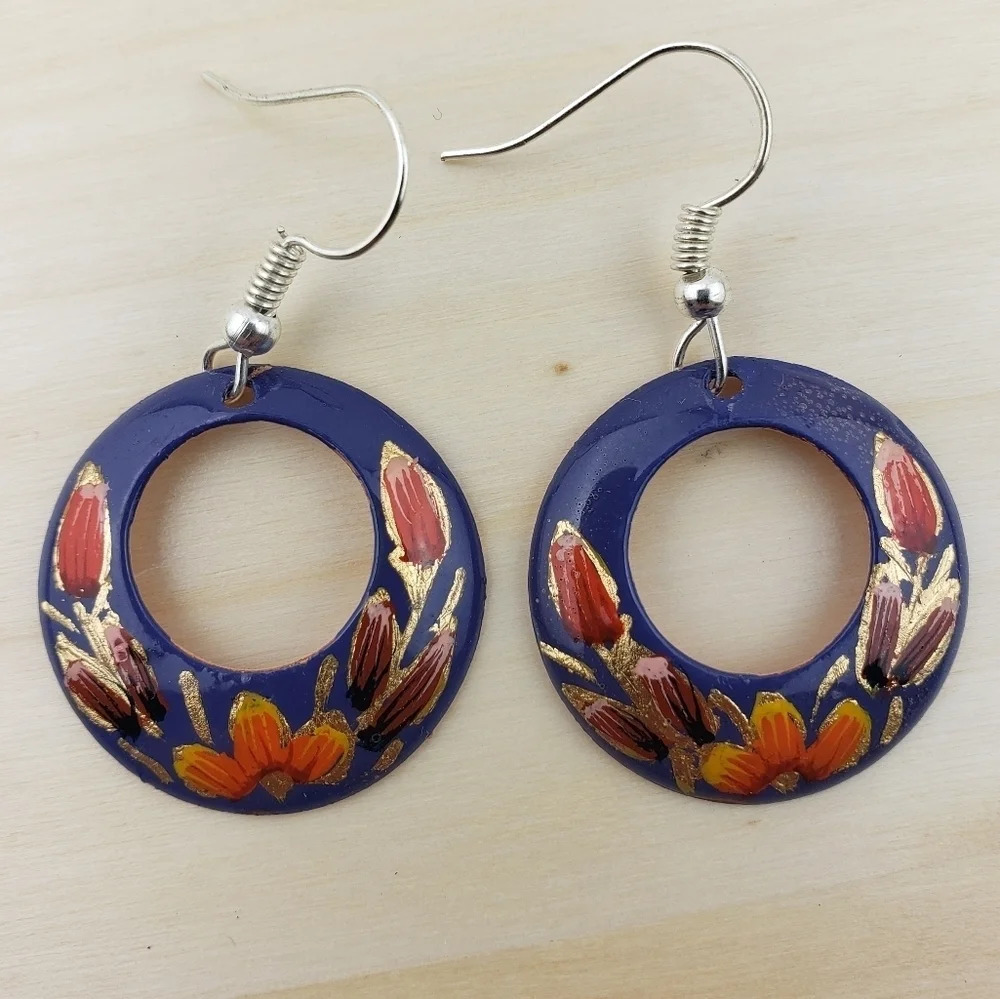 HANDMADE Dangle Earrings Mexican Copper Hand Painted Purple Floral Multicolor